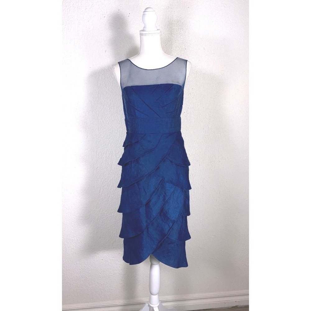 Adrianna Papell Occasions Blue Tiered Petal Cocktail Dress Mesh Illusion Size 6